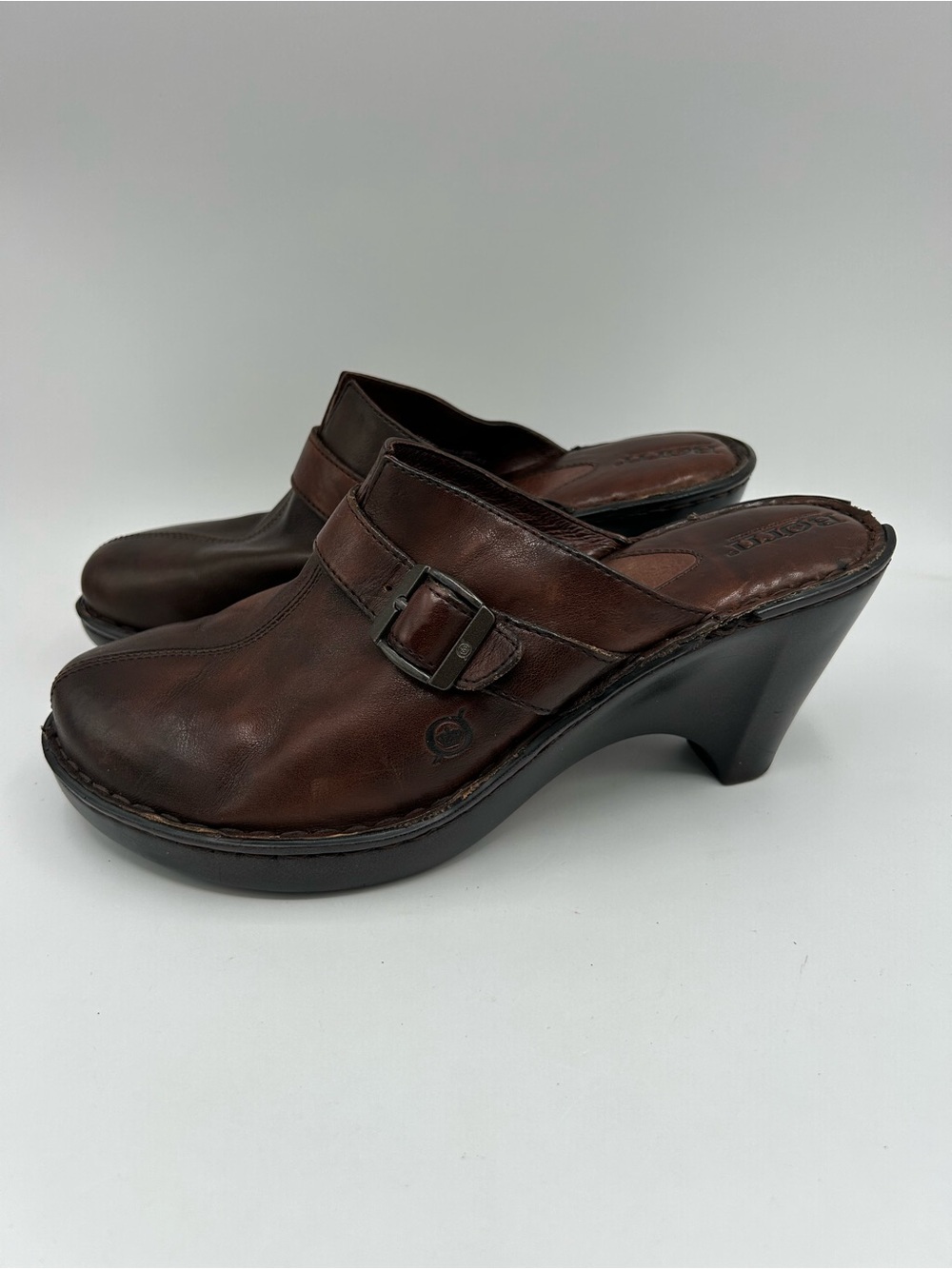 Born Womens Size 10 Brown Leather Slip On 3. 5 Inch Heeled Wedge Buckle Clogs